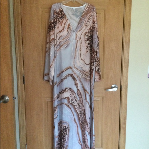 Full Length Dress Marble Print Long Pullover V-neck Dress - Picture 1 of 2